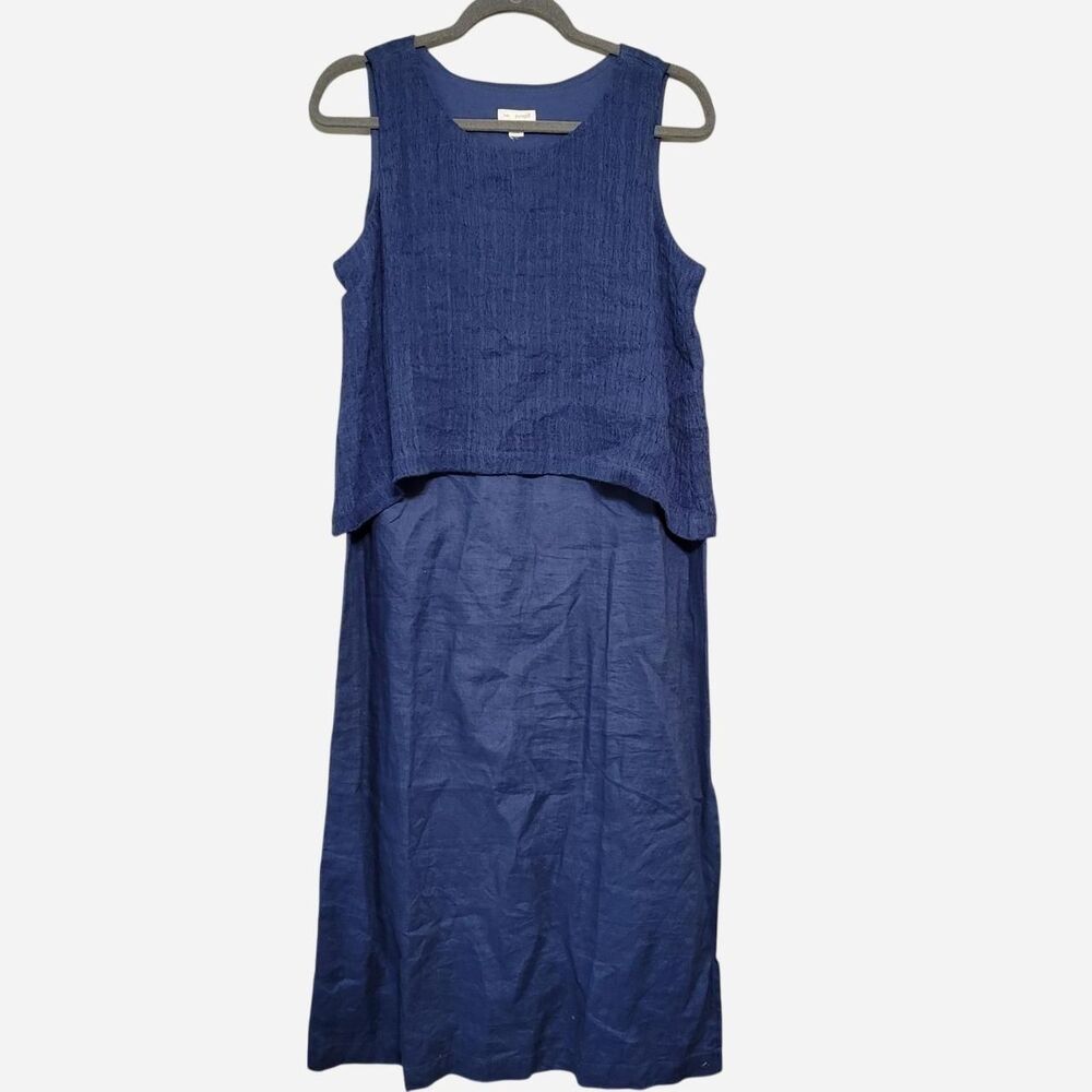 Pure Jill Women's Med Petite Linen Navy Tank Midi Dress Layered Sheer Lagen